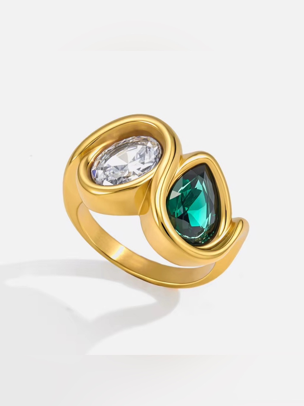SIZE 7 | 18K Gold Plated Emerald Green & Clear Teardrop Statement Ring